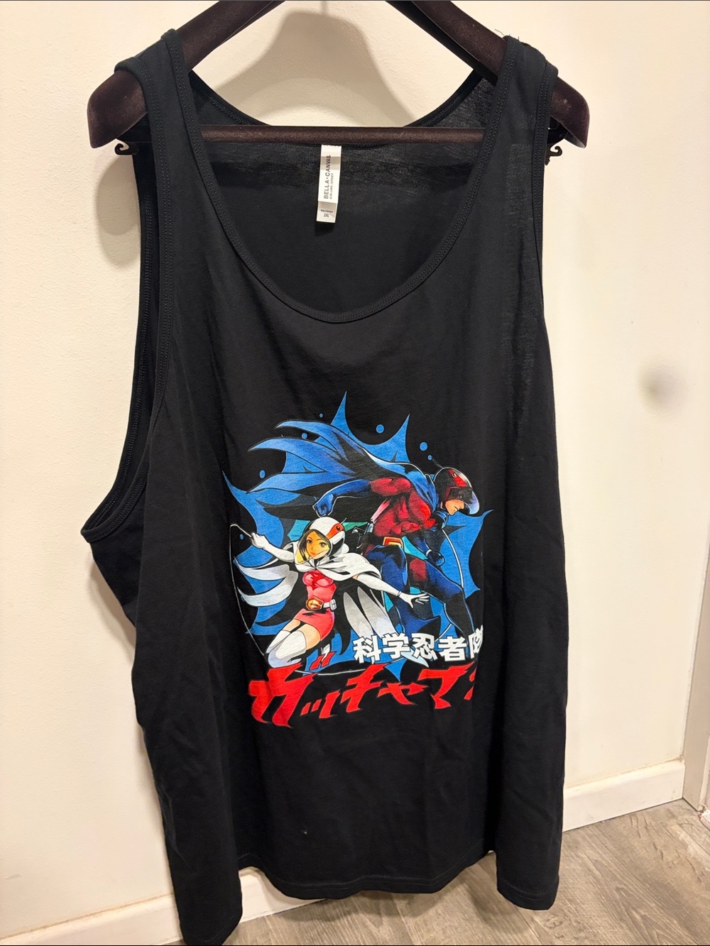 Men's Black Anime Graphic Tank Top with Red & Blue Print